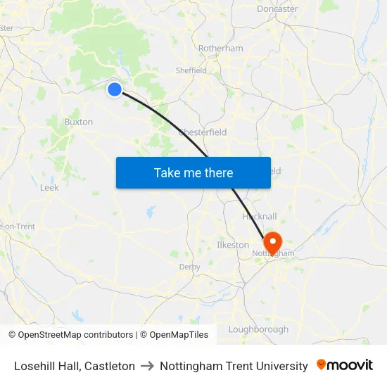 Losehill Hall, Castleton to Nottingham Trent University map