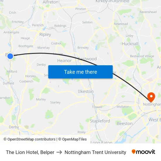 The Lion Hotel, Belper to Nottingham Trent University map