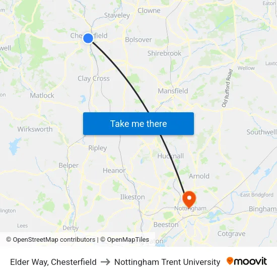 Elder Way, Chesterfield to Nottingham Trent University map