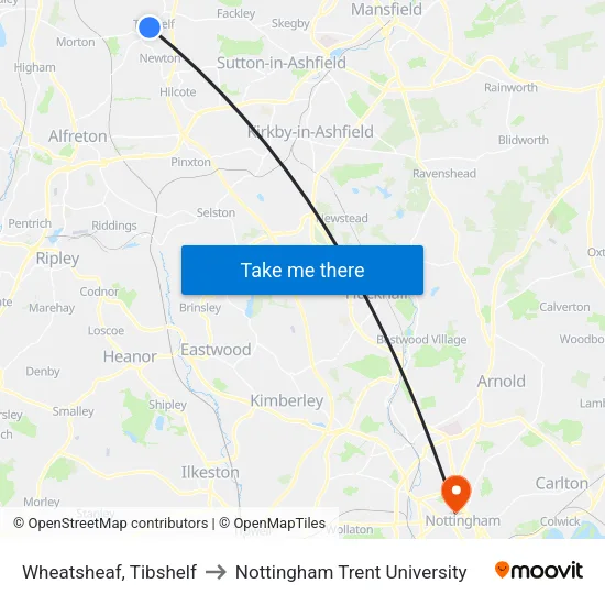 Station Road, Tibshelf to Nottingham Trent University map