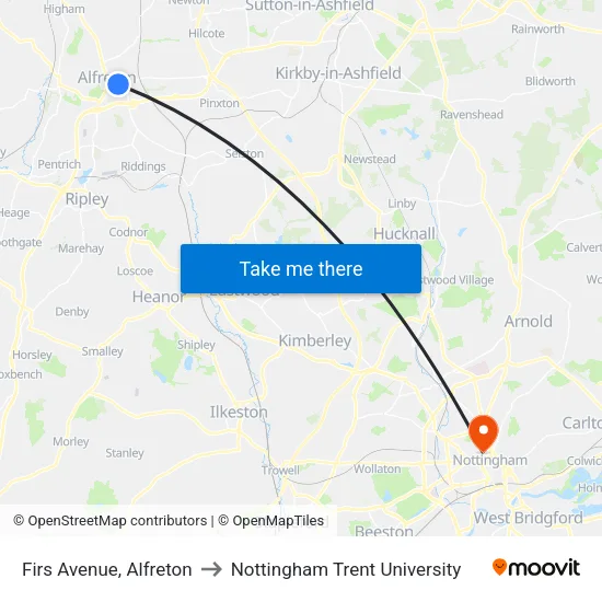 Firs Avenue, Alfreton to Nottingham Trent University map