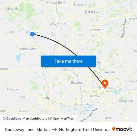 Causeway Lane, Matlock to Nottingham Trent University map
