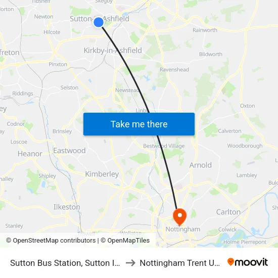 Sutton Bus Station, Sutton In Ashfield to Nottingham Trent University map