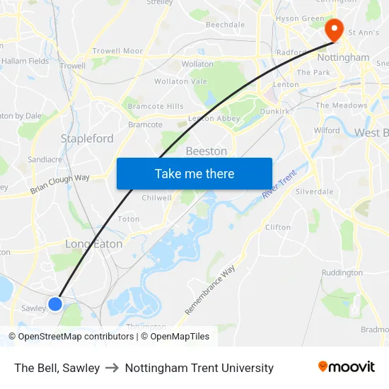 The Bell, Sawley to Nottingham Trent University map
