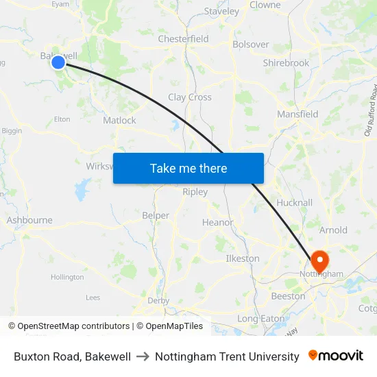 Buxton Road, Bakewell to Nottingham Trent University map
