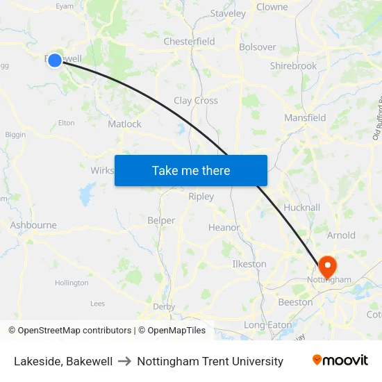 Lakeside, Bakewell to Nottingham Trent University map