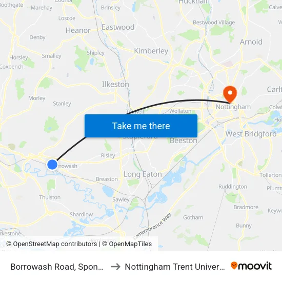Borrowash Road, Spondon to Nottingham Trent University map