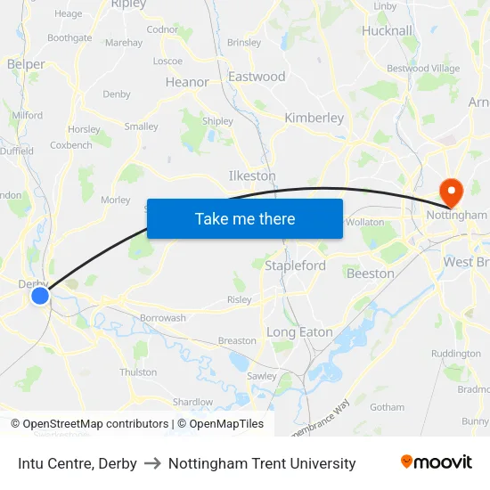 Intu Centre, Derby to Nottingham Trent University map