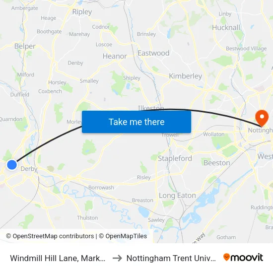 Windmill Hill Lane, Markeaton to Nottingham Trent University map