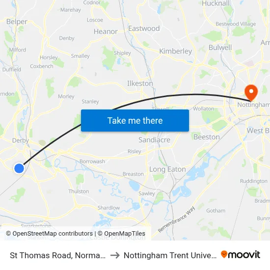 St Thomas Road, Normanton to Nottingham Trent University map