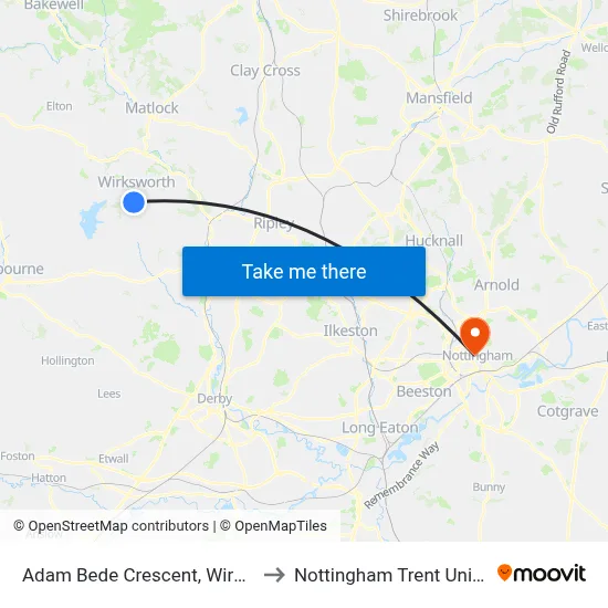 Adam Bede Crescent, Wirksworth to Nottingham Trent University map