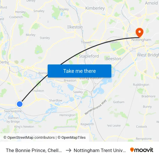 The Bonnie Prince, Chellaston - Derby to Nottingham Trent University map