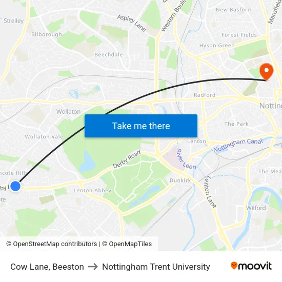 Cow Lane, Beeston to Nottingham Trent University map