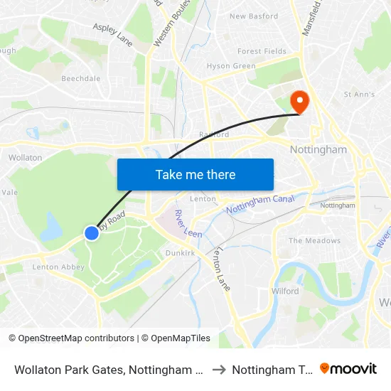 Wollaton Park Gates, Nottingham University Main Campus (Un12) to Nottingham Trent University map