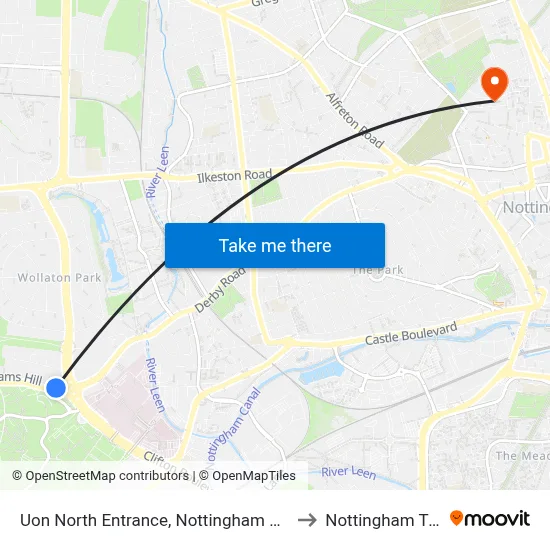 Uon North Entrance, Nottingham University Main Campus (Un14) to Nottingham Trent University map