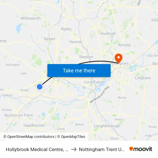 Hollybrook Medical Centre, Littleover to Nottingham Trent University map