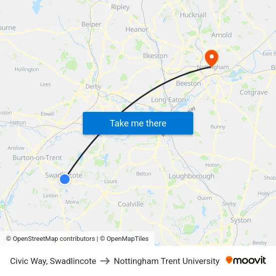 Civic Way, Swadlincote to Nottingham Trent University map