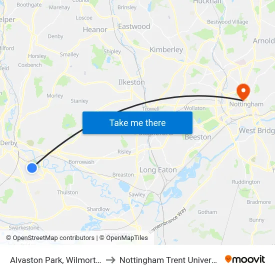 Alvaston Park, Wilmorton to Nottingham Trent University map