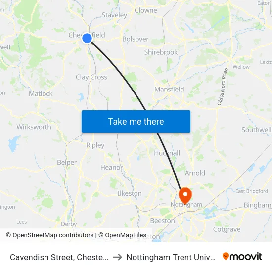 Cavendish Street, Chesterfield to Nottingham Trent University map