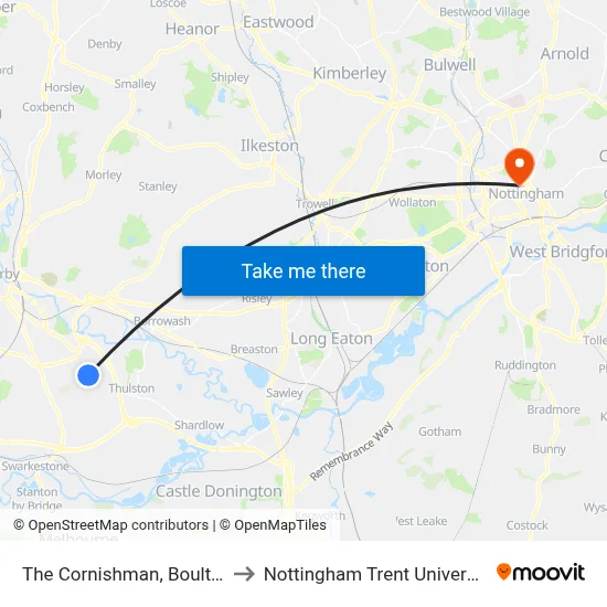 The Cornishman, Boulton to Nottingham Trent University map