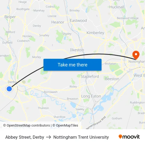 Abbey Street, Derby to Nottingham Trent University map
