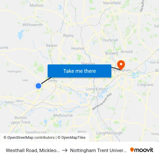 Westhall Road, Mickleover to Nottingham Trent University map
