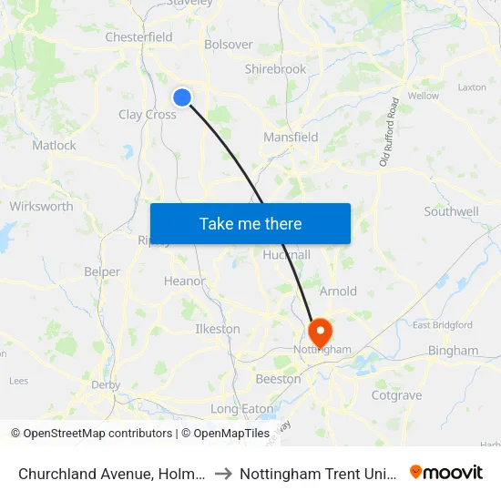 Churchland Avenue, Holmewood to Nottingham Trent University map