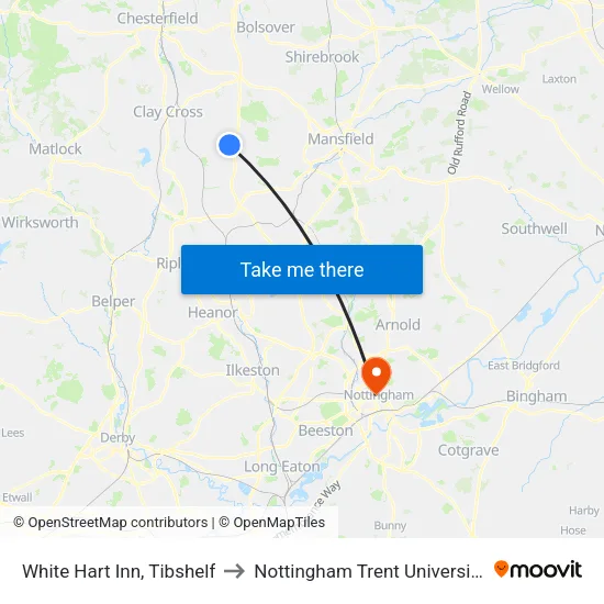 White Hart Inn, Tibshelf to Nottingham Trent University map