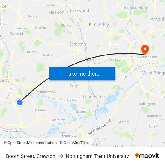 Booth Street, Crewton to Nottingham Trent University map