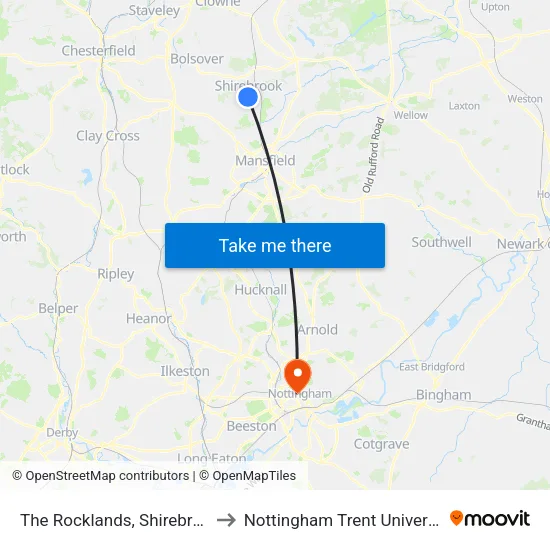 The Rocklands, Shirebrook to Nottingham Trent University map