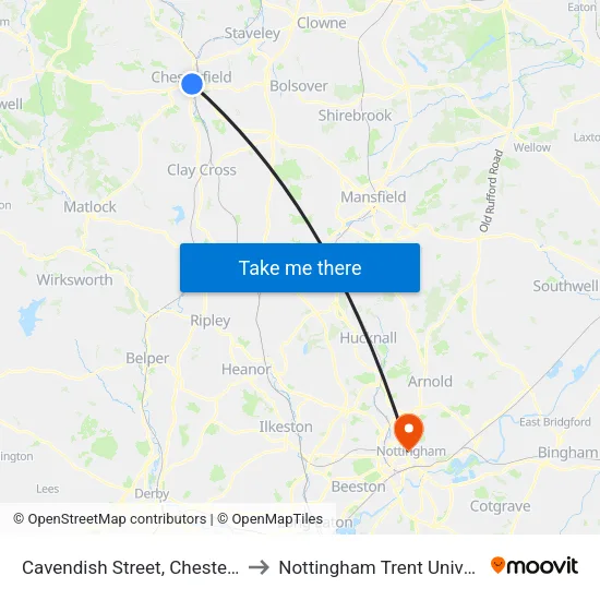 Cavendish Street, Chesterfield to Nottingham Trent University map