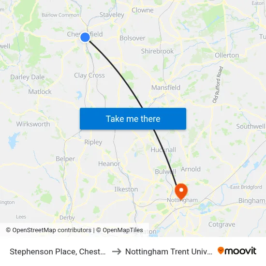 Stephenson Place, Chesterfield to Nottingham Trent University map