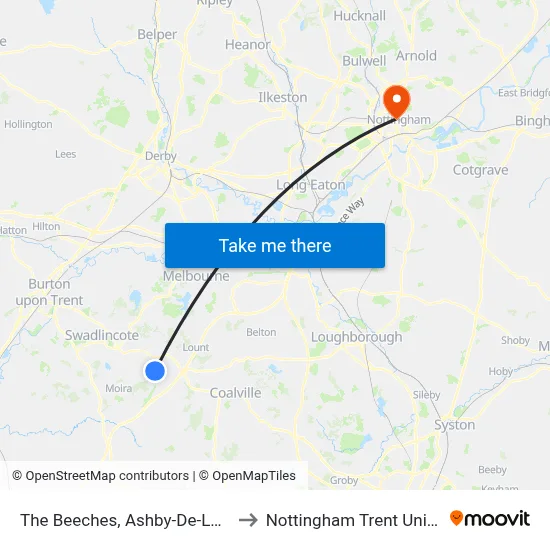 The Beeches, Ashby-De-La-Zouch to Nottingham Trent University map
