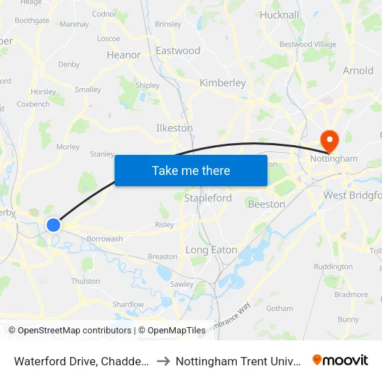 Waterford Drive, Chaddesden to Nottingham Trent University map