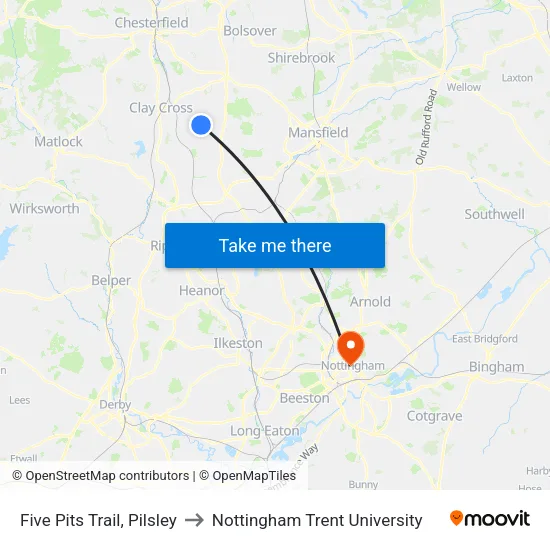Five Pits Trail, Pilsley to Nottingham Trent University map