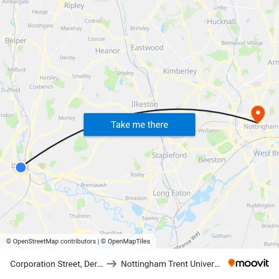 Corporation Street, Derby to Nottingham Trent University map