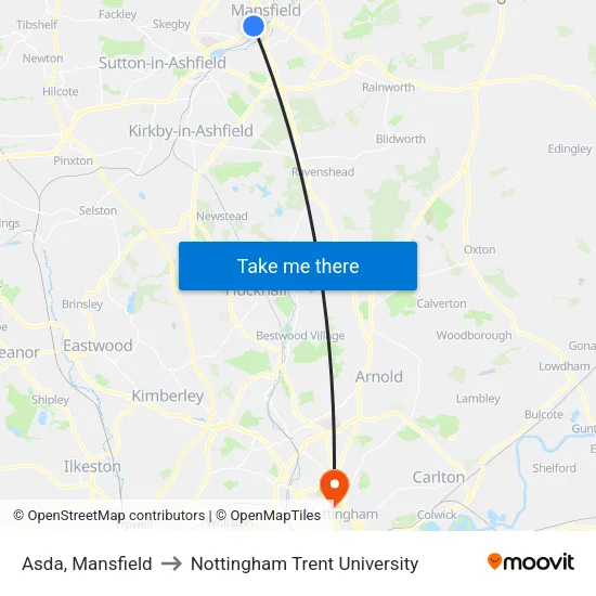 Asda, Mansfield to Nottingham Trent University map