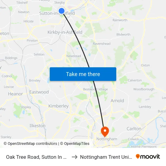 Oak Tree Road, Sutton In Ashfield to Nottingham Trent University map