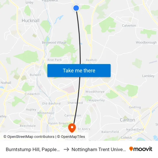 Burntstump Hill, Papplewick to Nottingham Trent University map