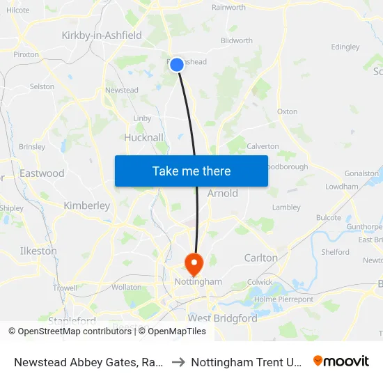 Newstead Abbey Gates, Ravenshead to Nottingham Trent University map