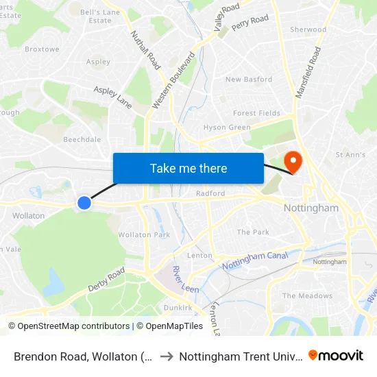 Brendon Road, Wollaton (Wo03) to Nottingham Trent University map