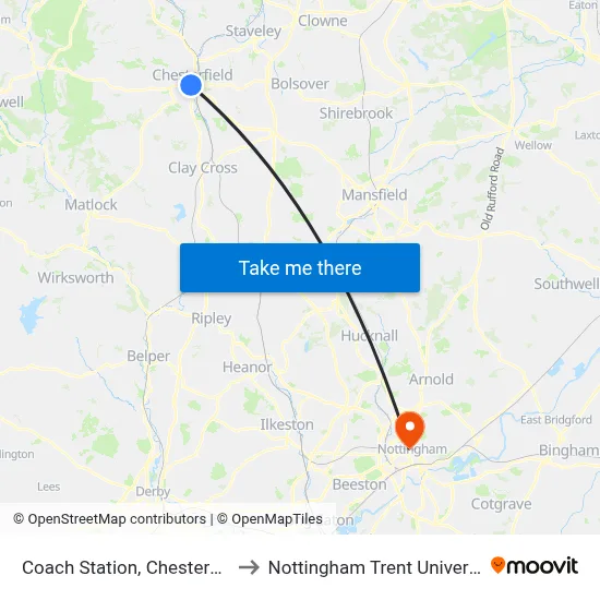 Coach Station, Chesterfield to Nottingham Trent University map