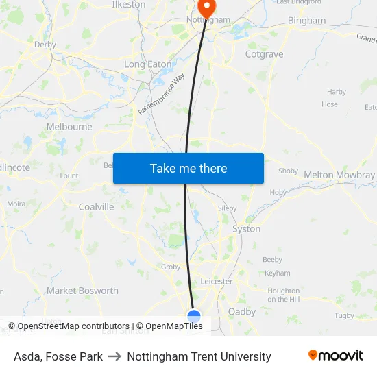 Asda, Fosse Park to Nottingham Trent University map
