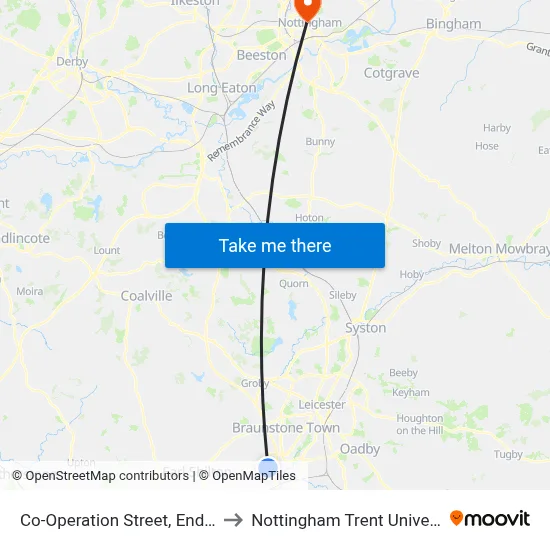 Co-Operation Street, Enderby to Nottingham Trent University map