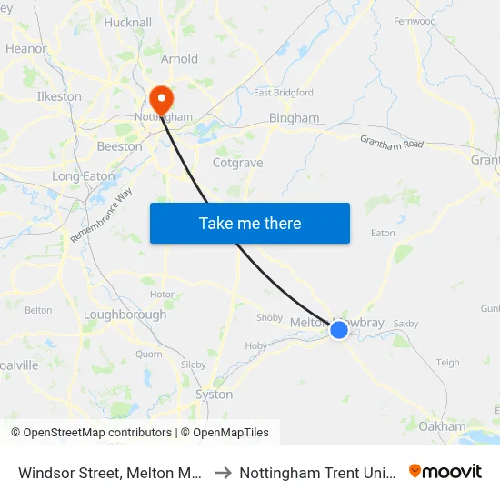 Windsor Street, Melton Mowbray to Nottingham Trent University map