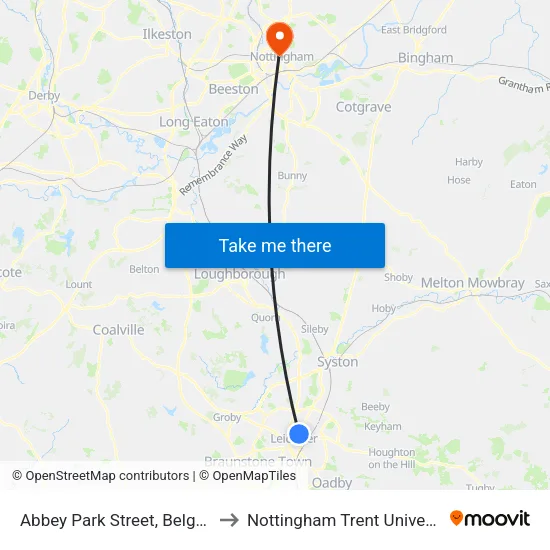 Abbey Park Street, Belgrave to Nottingham Trent University map