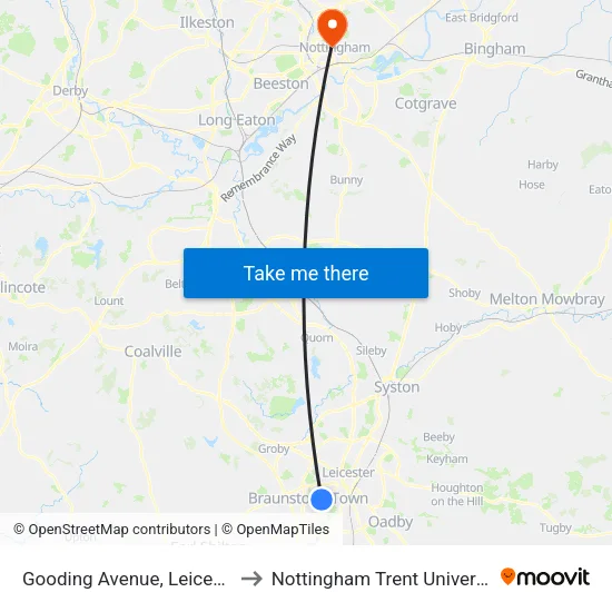 Gooding Avenue, Leicester to Nottingham Trent University map