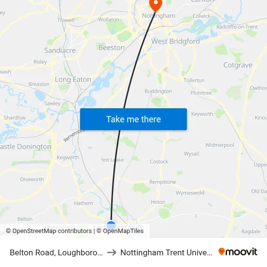 Belton Road, Loughborough to Nottingham Trent University map