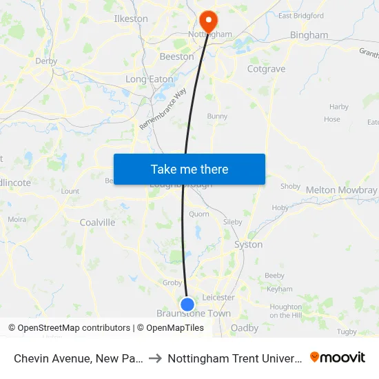 Chevin Avenue, New Parks to Nottingham Trent University map