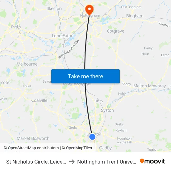 St Nicholas Circle, Leicester to Nottingham Trent University map